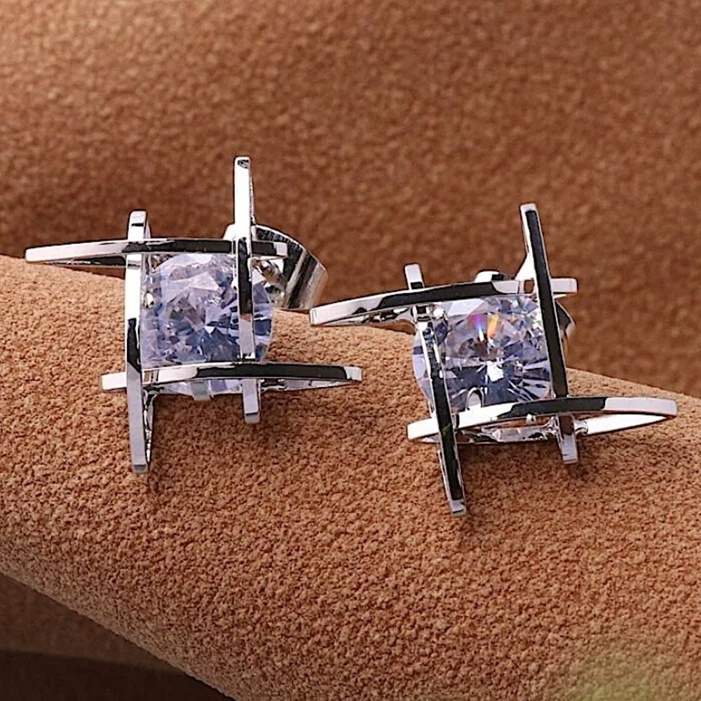 Silver Caged Zircon 3D Stud Geometric Earrings